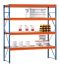 Weitspannregal W 100, Grundfeld mit 4 Ebenen Spanplatten, Höhe 2500 mm, Breite 2140 mm, Tiefe 1000 mm, blau / orange / verzinkt