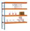 Weitspannregal W 100, Anbaufeld mit 4 Ebenen Stahlpaneele, Höhe 2500 mm, Breite 2140 mm, Tiefe 600 mm, blau / orange / verzinkt