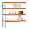 Weitspannregal W 100, Anbaufeld mit 3 Ebenen Spanplatten, H&ouml;he 2000 mm, Breite 2500 mm, Tiefe 800 mm, blau / orange / verzinkt