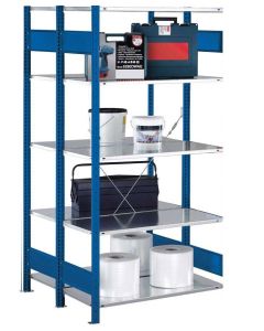 Doppelregal Stecksystem, Anbauregal, mit Kreuzstrebe, H2500xB1000xT2x300, Fachlast 250kg, RAL 5010 enzianblau / verzinkt