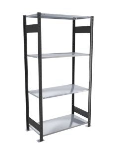 Fachbodenregal Stecksystem, Grundregal, beidseitig nutzbar, H1800xB750xT400 mm, 4 Fachböden, Fachlast 150 kg, schwarz / verzinkt