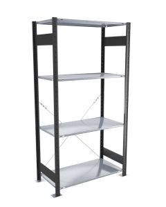 Fachbodenregal Stecksystem, Grundregal, einseitig nutzbar, H1800xB750xT400 mm, 4 Fachböden, Fachlast 250 kg, schwarz / verzinkt