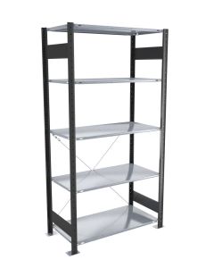Fachbodenregal Stecksystem, Grundregal, einseitig nutzbar, H2300xB1000xT300 mm, 5 Fachböden, Fachlast 250 kg, schwarz / verzinkt