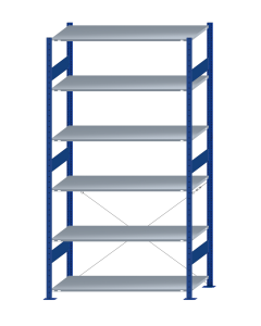 SCHULTE Steckregal, Fachbodenregale Stecksystem, Grundregal, einseitig nutzbar, H2500xB1300xT600 mm, 6 Fachböden, Fachlast 150 kg, RAL 5010 enzianblau / verzinkt