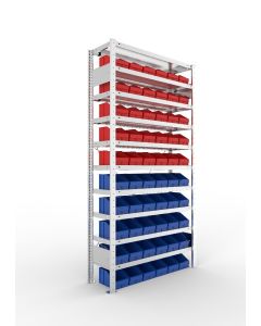 META - Kleinteileregal Stecksystem - mit Sichtlagerkästen, Grundregal, H2000xB1000xT300 mm, 10 Lagerebenen, verzinkt