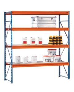 Weitspannregal W 100, Grundfeld mit 5 Ebenen Spanplatten, Höhe 3000 mm, Breite 1785 mm, Tiefe 1200 mm, blau / orange / verzinkt