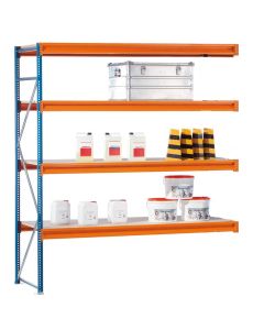 Weitspannregal W 100, Anbaufeld mit 3 Ebenen Spanplatten, Höhe 2000 mm, Breite 2140 mm, Tiefe 600 mm, blau / orange / verzinkt