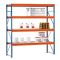 Weitspannregal W 100, Grundfeld mit 4 Ebenen Spanplatten, Höhe 2500 mm, Breite 1785 mm, Tiefe 800 mm, blau / orange / verzinkt