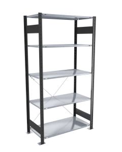 Fachbodenregal Stecksystem, Grundregal, einseitig nutzbar, H2000xB1000xT400 mm, 5 Fachböden, Fachlast 85 kg, schwarz / verzinkt